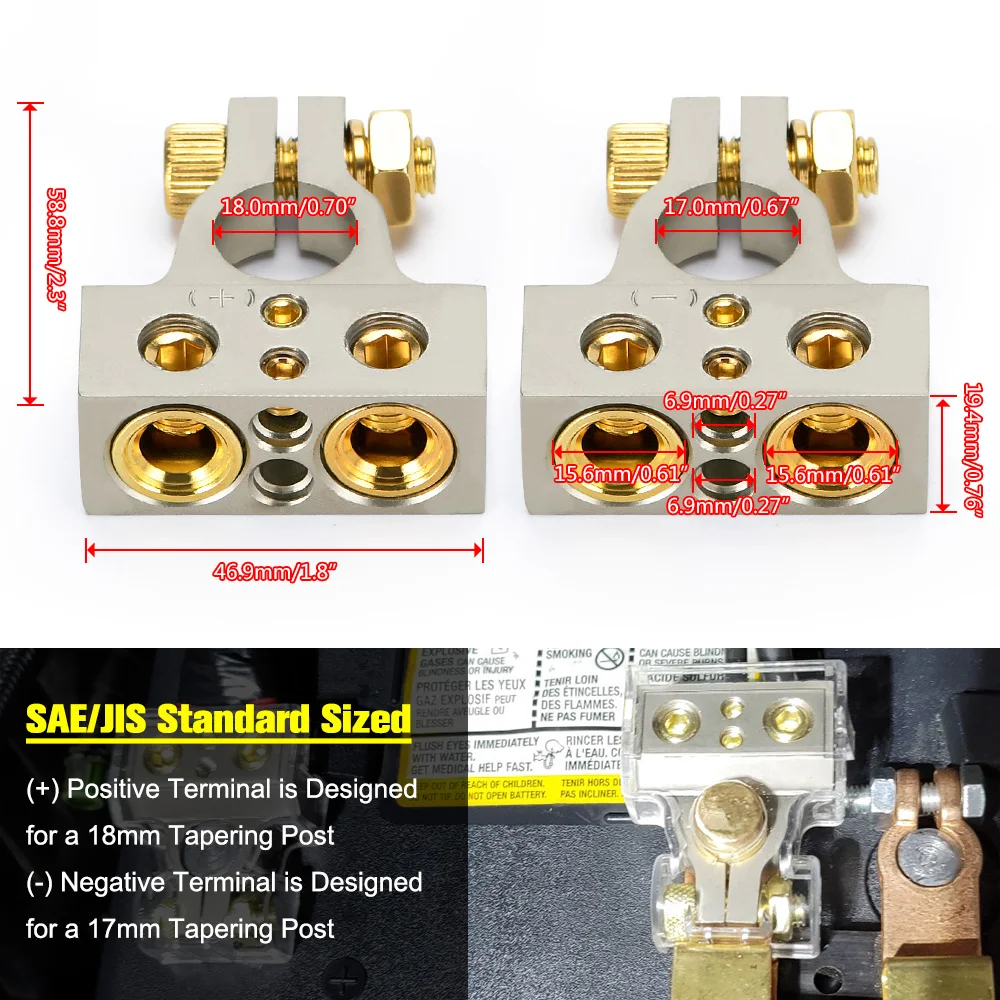 Universal Car Battery Terminal Connectors 0/4/8/10 Gauge AWG Positive Negative Auto Car Marine Battery Terminal Clamp and Shims