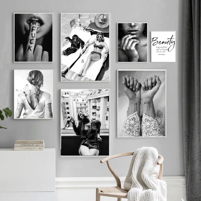 Black White Lips Lady Wall Art Canvas Prints Poster Gorilla Painting Home Decor