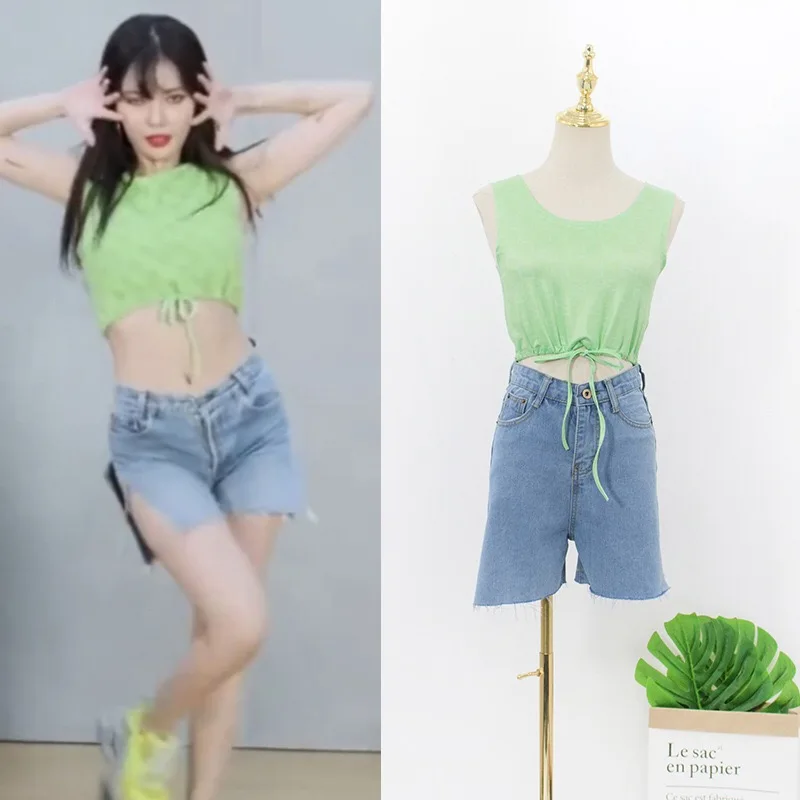 Kpop 4Minute Kim Hyun A Practice room одинаковая футболка на шнуровке + Необычные сексуальные джинсовые шорты Комплект из двух предметов женский летний