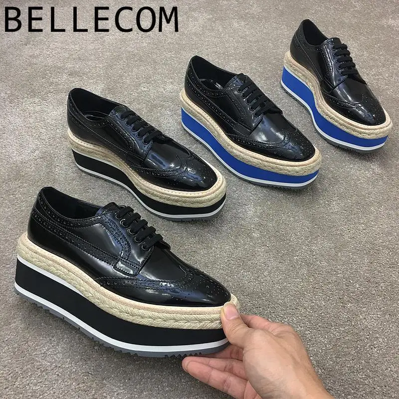 

BELLECOM 2019England Cloth Locke Carving Hemp Rope Straw Plaited Article High With Platform Shoes Genuine Leather Woman Leather