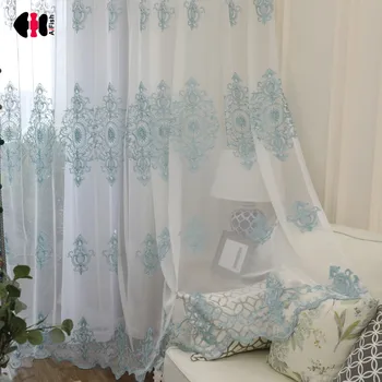 

Blue Floral Mesh Fabric Embroidered Curtain Nets for Living Room Simple Rustic Window Treatment Gauze wp079C