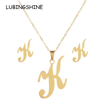

20set/lot Luxury 26 Letters Stainless Steel Gold Color Necklace Earrings Women Alfabet Initial Bridal Wedding Jewelry Sets