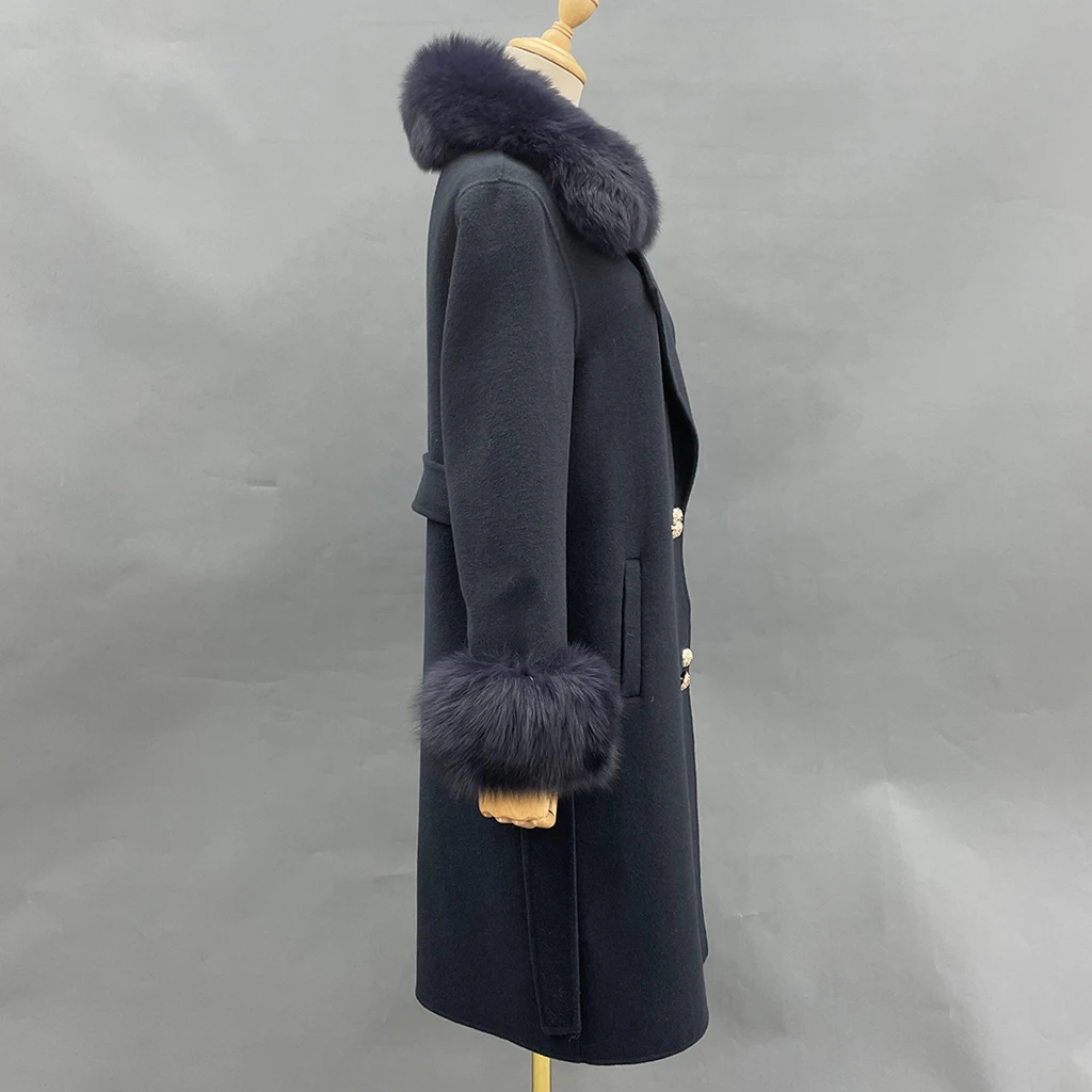 2021 Winter Women Coat Cashmere Wool Jacket With Fox Fur Collar And Cuff Elegant Slim Fit Korean Fashion Long Overcoat Female long black puffer coat