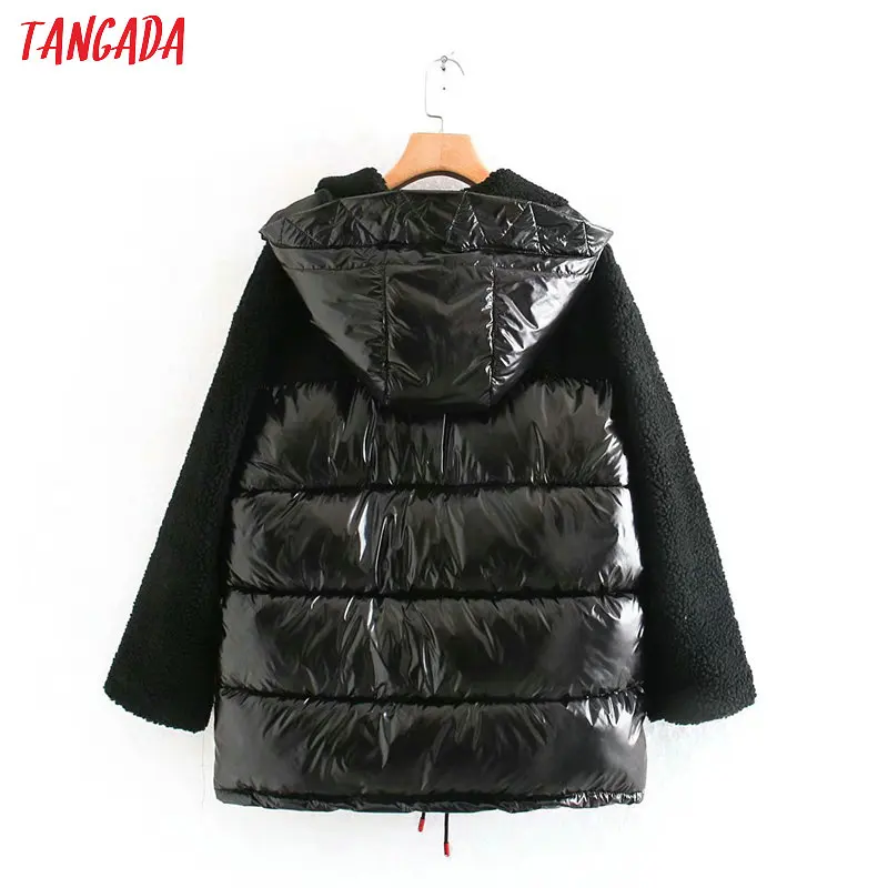 Tangada Женские флисовые Лоскутные Большие Длинные парки с капюшоном толстые карманы женские повседневные Черные зимние пальто 4M194