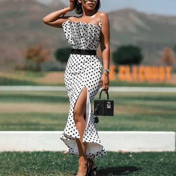 

Women Tube Tops Dresses Polka Dot Bodycon Side Slit with Waist Belt Party Sexy Slim Vestido African Event Celebrate Occasion New