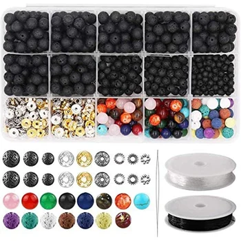 

752Pcs Lava Beads Kit, Lava Stone Rock Beads with 2 Rolls Elastic String For Essential Bracelet Necklace Jewelry Making