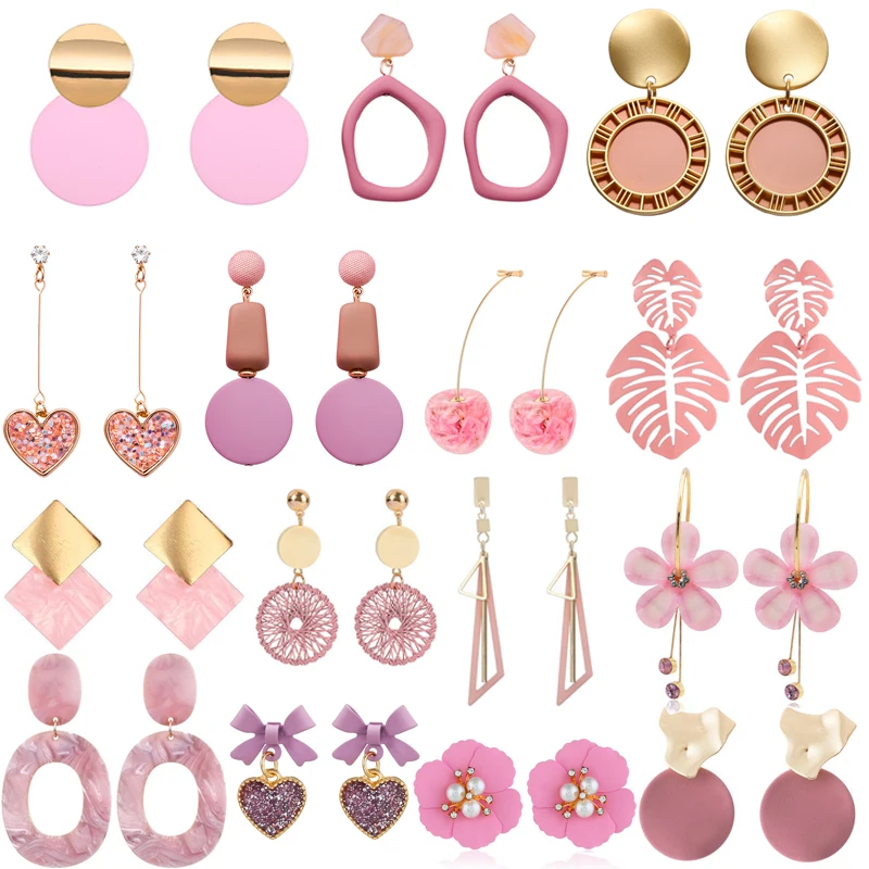 Acrylic Earrings New Korean Acrylic Pink Geometric Earrings for Women Cute Romantic Round Flower Heart Candy Color Fashion Jewelry Brincos