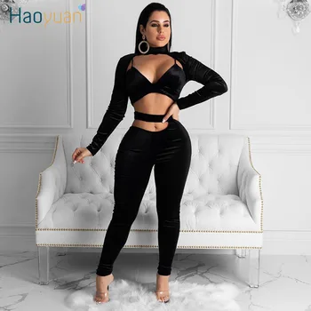 

ZOOEFFBB Black Sexy Club Outfits Two Piece Set Women 2020 Long Sleeve Bodycon Crop Top Pant Rave Festival Clothing Matching Sets