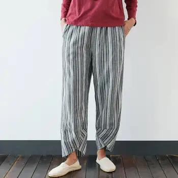 

Plus Size Women's Striped Pants SZANZEA 2020 ummer Trousers Casual Elastic Wasit Long Pantalon Palazzo Female Cotton Turnip