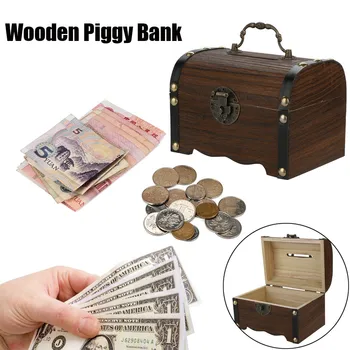 

1pc Hot Sale Wooden Piggy Bank Safe Money Box Savings With Lock Wood Carving Handmade Legendary Treasure Chest