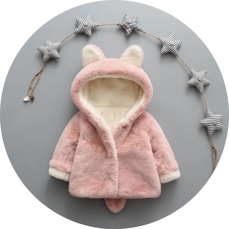 Зимнее пальто для маленьких девочек куртка с искусственным мехом теплая верхняя одежда с капюшоном и заячьими ушками мягкая розовая Зимняя одежда Manteau Bebe Fille Hiver