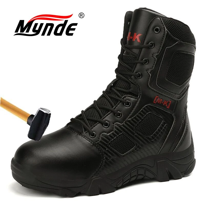 Los nuevos hombres de trabajo zapatos de seguridad Anti aplastamiento de acero del casquillo del dedo del pie los botas cuero impermeable de combate del desierto del tobillo de