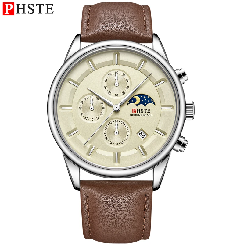 PHSTE Mens Watches Quartz Chronograph Moon Phase Date Waterproof Brown Calfskin Leather Brand Luxury Wrist Watch Male Beige Dial