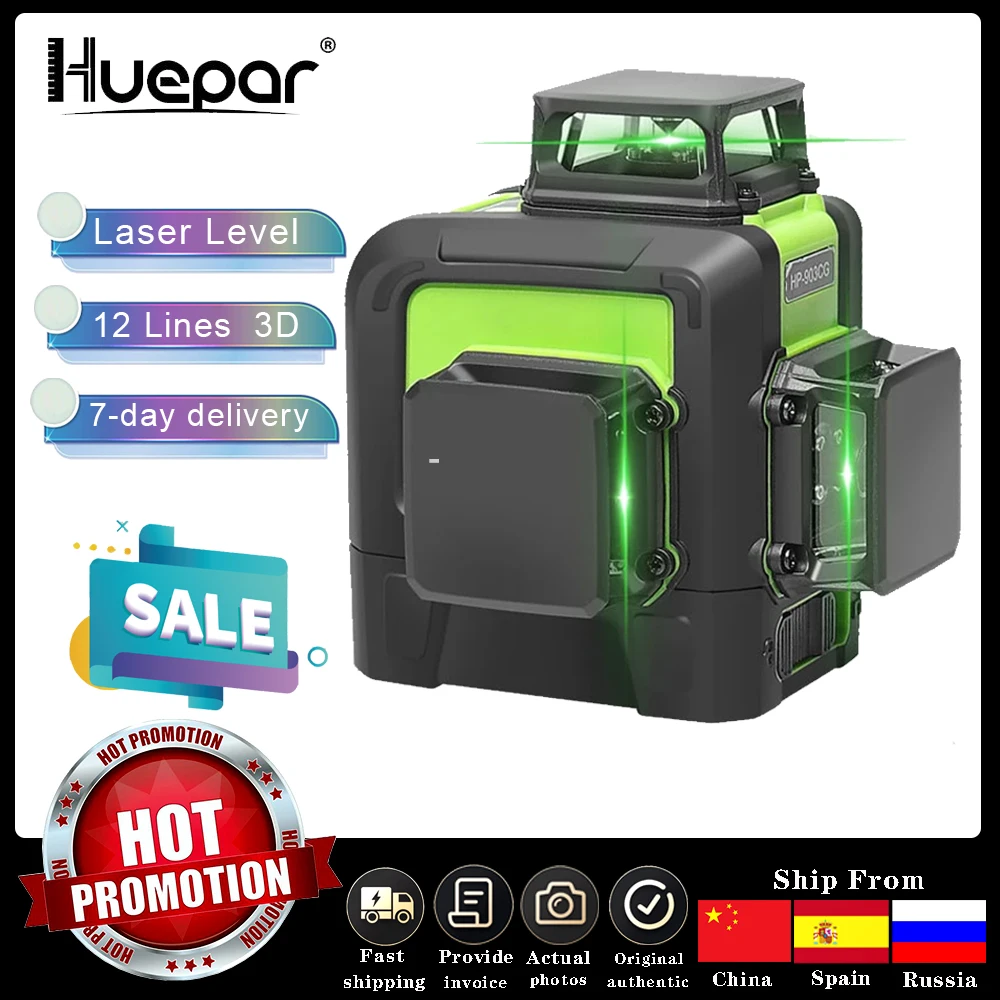 Huepar 12 Lines 3D Cross Line Laser Level with Orsam Green Laser Beam Self-Leveling 360 Vertical and Horizontal Cross Powerful