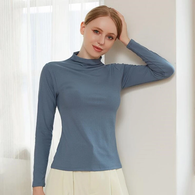 

Elegant Tops For Women Tshirts HIgh Quality 2020 Fall Winter Long Sleeve Half Turtleneck Basic T Shirt Simple Slim Fit Solid New