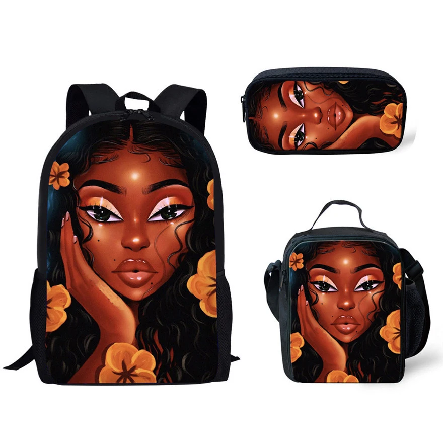 Best Cusotm Print 3pcs set School Bags for Girls Shoulder Book Bag Children Black Women Art African Printing School Bag Kids Satchel