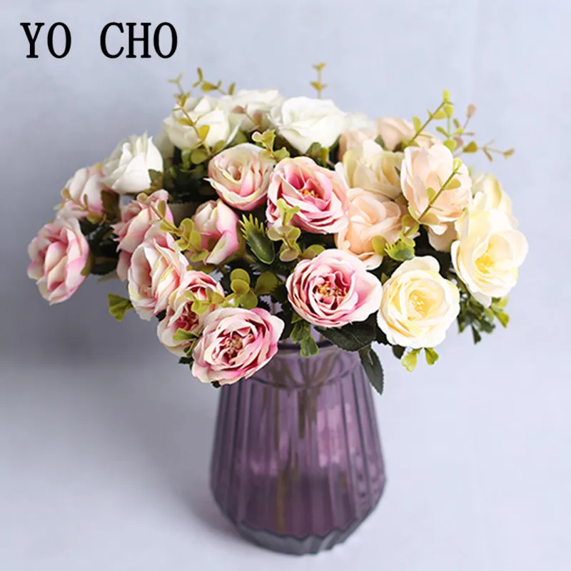 YO CHO Artificial Flower 10 Heads Silk Rose Fake Mini Bouquet Champagne Arrangement Home Party Wedding Table Decoration | Дом и сад