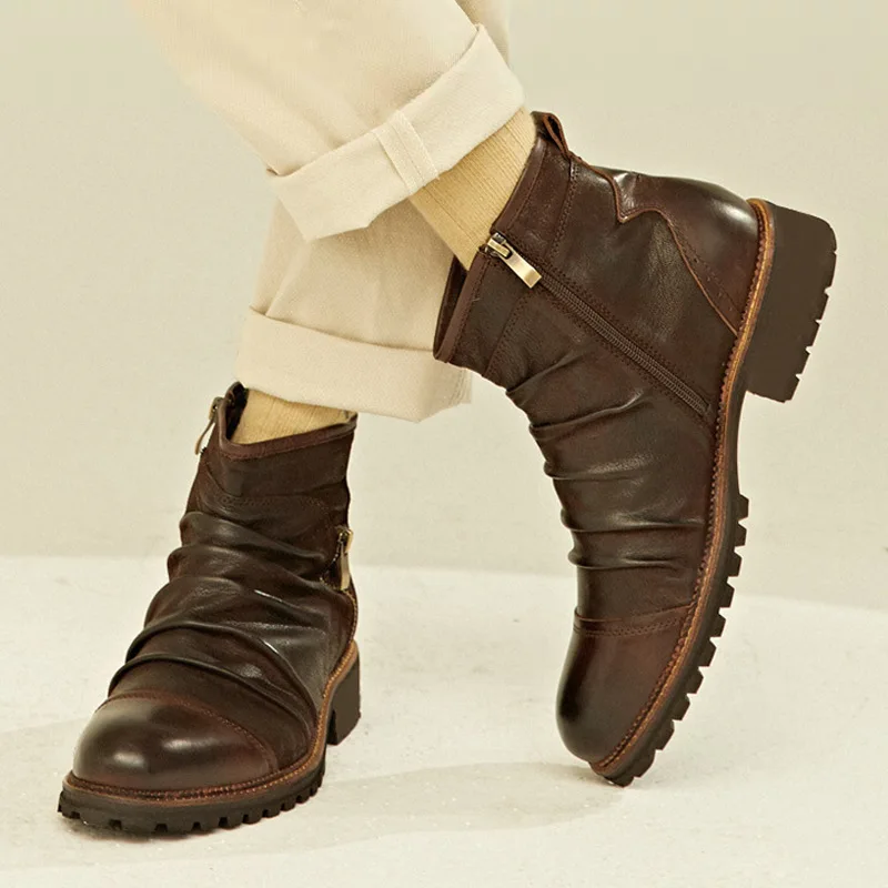 Мужские ботинки «Челси»; кожаные ботинки в винтажном стиле; сезон осень-зима; ковбойские ботинки; мужские Ботильоны на молнии с высоким берцем; botas hombre