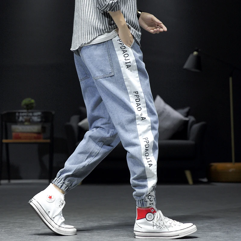 RLJT.JIN Trend direction new Japanese patchwork baggy jeans mens Jogger printed simple casual pants male High street style - Цвет: Light blue