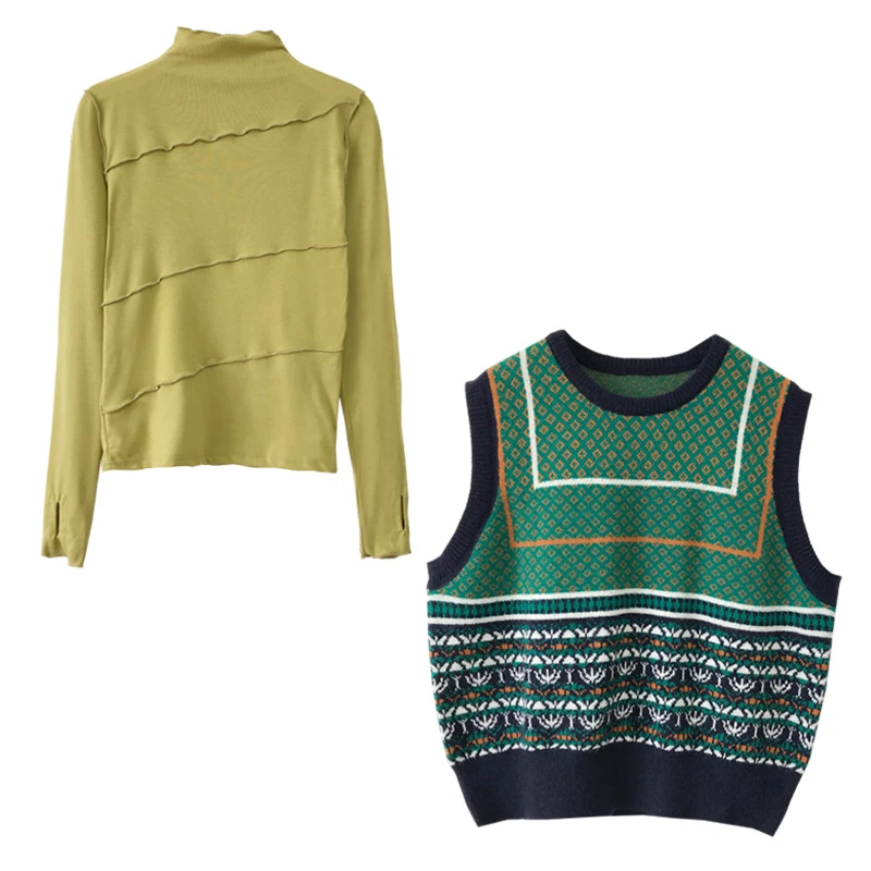 

2020 Autumn Winter Women Sleeveless Vest Sweater Korean Retro Color Matching Vest Knitted Sweaters Turtleneck Bottoming Shirt