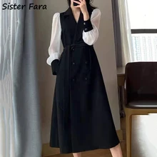 

Sister Fara 2022 Spring Autumn Splicing Black Elegant Dresses for Women Notched Lace Up Dresses Female High Waist Mid-Calf Dress