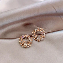 Корейские цветные Кристальные круглые серьги-гвоздики в виде цветка, стразы, венок, гирлянда, серьги-гвоздики, серьги-гвоздики для женщин