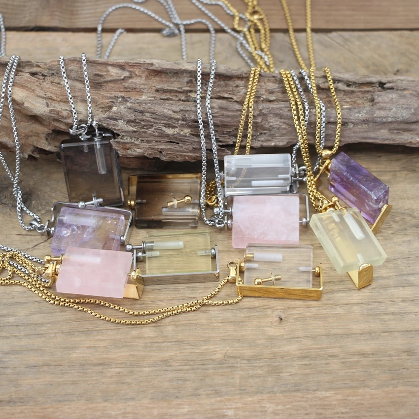 Natural Crystal Rotatable Rectangle Perfume Bottle Pendants Rose/Smoky Quartzs Essential Oil Vial Charms Necklace Jewelry QC1074