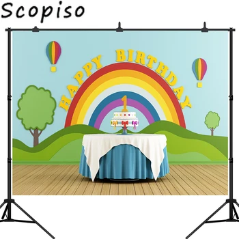 

Scopiso Happy 1st Birthday Photography Backdrops Cartoon Rainbow Tree Photo Background Children Party Decoration Backdrop