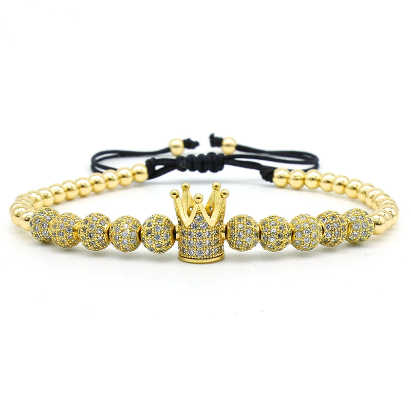 3 шт./компл. панк CZ Micro Pave Корона Бусины Браслет для Для мужчин Для женщин Медь ручной работы из бисера браслет с круглыми бусинами комплект роскошные ювелирные изделия в стиле «хип-хоп»