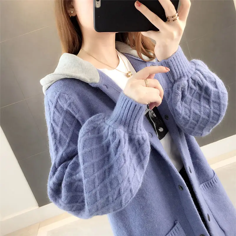 Neploe Autumn Winter Sweater Long Cardigan Women Long Sleeve Knitted Hooded Outwear Loose Pocket Sweaters Knitwear 55342 - Color: Blue