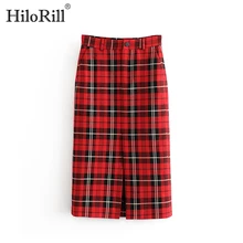 Женская модная клетчатая юбка до колена, с карманами, с разрезом, с одной стороны, элегантные миди-юбки, для девушек, с высокой талией, прямая, в винтажном стиле, Jupe Femme