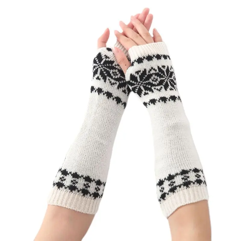 Женские мужские унисекс жаккардовые перчатки без пальцев с рисунком снежинки зимние вязаные гетры рукавицы с отверстием для большого