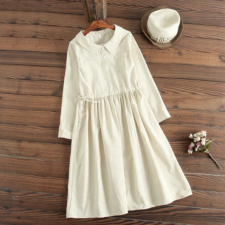 

S23766 Spring And Autumn Loose And Plus-sized Striped Dress Student Long Sleeve Literature And Art Fresh Slimming Peter Pan Coll