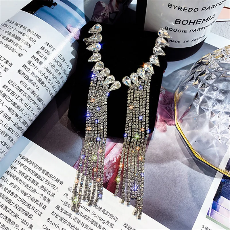 

FYUAN Fashion Long Tassel Full Rhinestone Drop Earrings Bijoux Shiny Water Drop Crystal Dangle Earrings for Women Jewelry Gifts