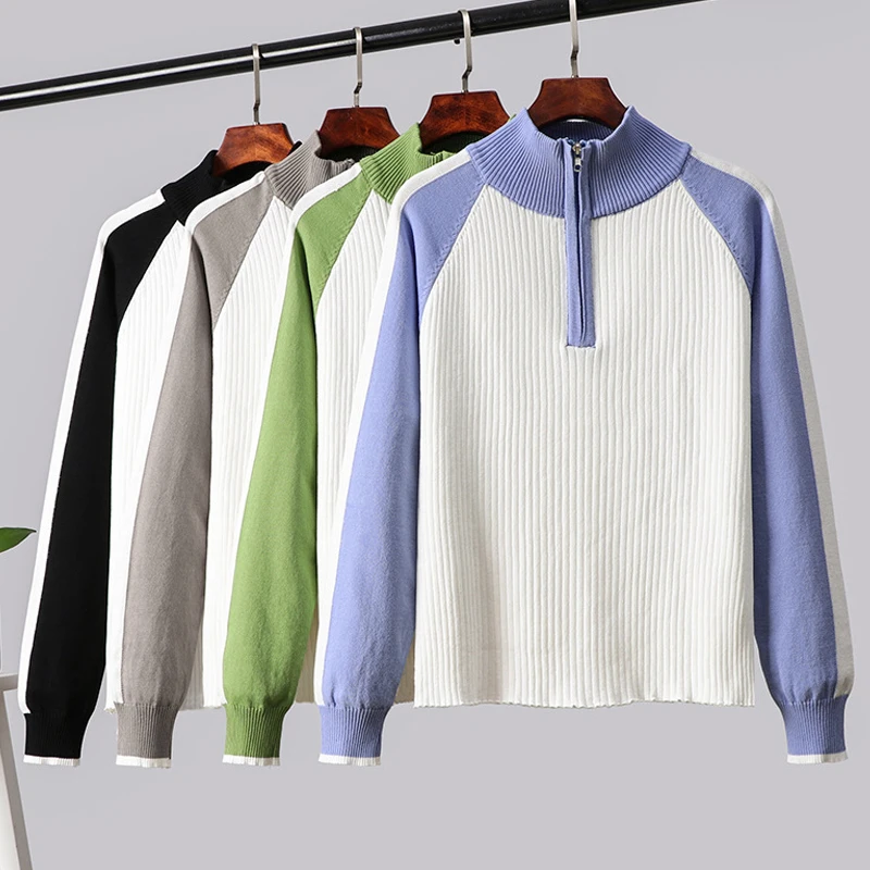 

Casual Zipper Sweater Women Patckwork Turtleneck Solid Spring Autumn Female Knitted Pullovers Long Sleeve Chic Soft Jumper