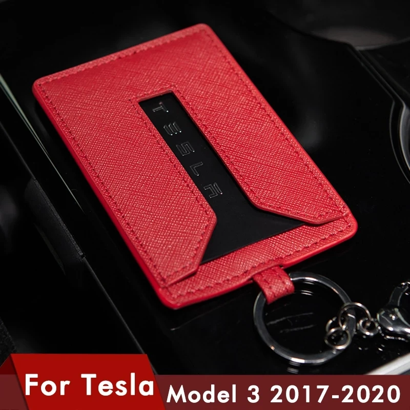 

PU Leather Car Key Case For Tesla Model 3 Card Cover Wallet Protector Holder with Hook Keychain Accessories