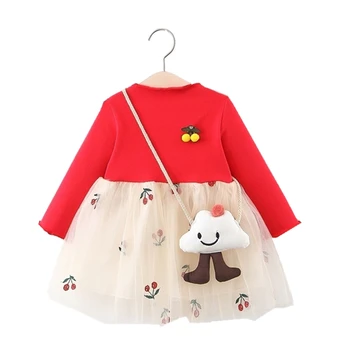 

Infant Clothing For Princess Baby Dress Newborn Girl Long Sleeve Birthday Dress Toddler Cotton Lovely Cherry Embroidery Dresses