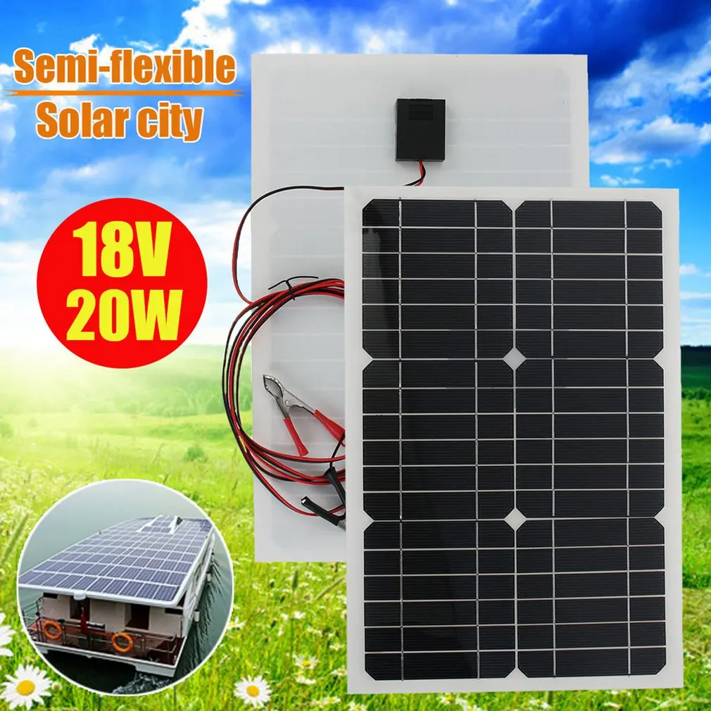 

18V 20w solar panel kit Transparent semi-flexible Monocrystalline solar cell DIY module outdoor connector DC 12v charger