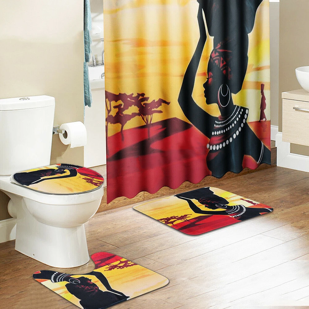 Digital Printing Creative Shower Curtain Mat 180X180cm Four-Piece Suit Bathroom Bathroom Carpet Mat Halloween Festive for Home
