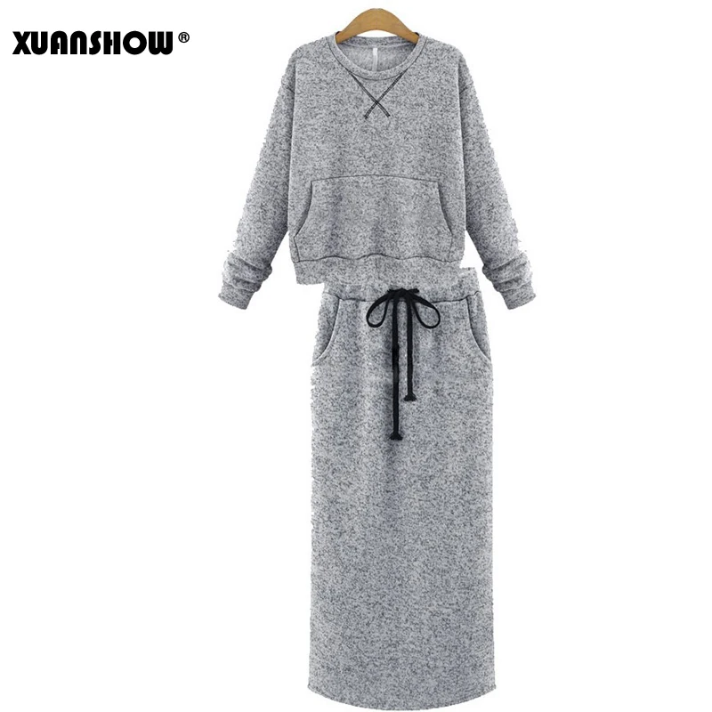 XUANSHOW Осень зима Юбки женские Набор Толстовка топ+ длинная юбка Костюм из двух частей карманный Повседневная Костюм женский