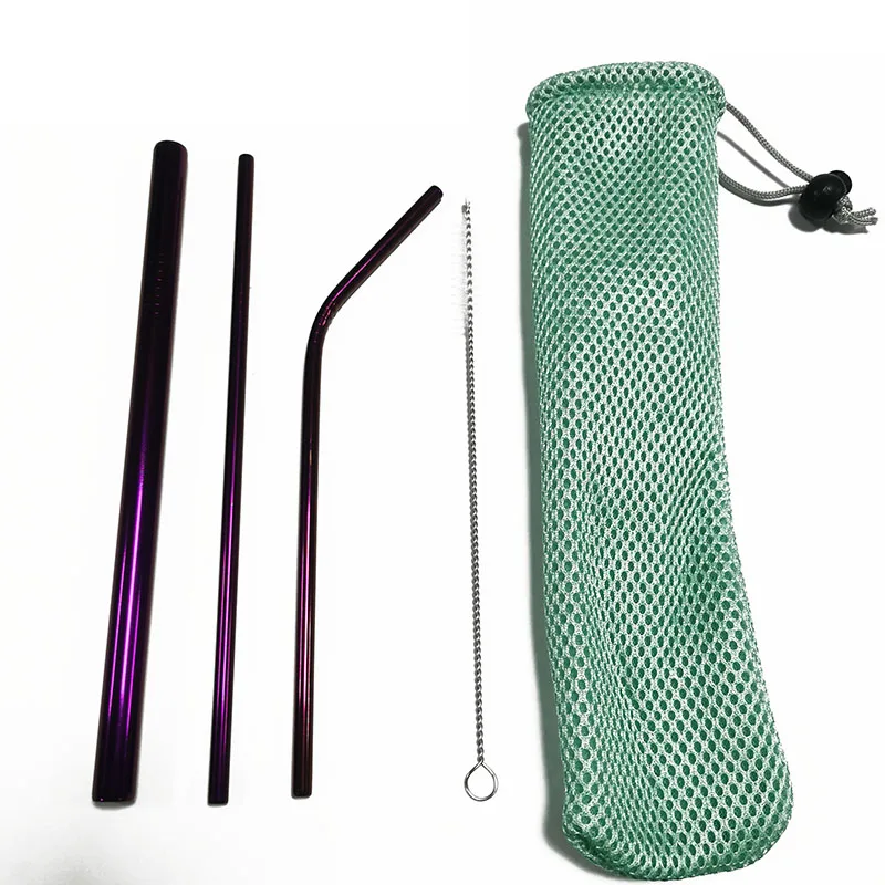 Purple Green Bag 5 шт красочные нержавеющей стали питьевой соломинки многократного использования металла заостренный пузырь трубочки для чая Tubule Очиститель Щетка с мешочком набор - Цвет: Purple Green Bag