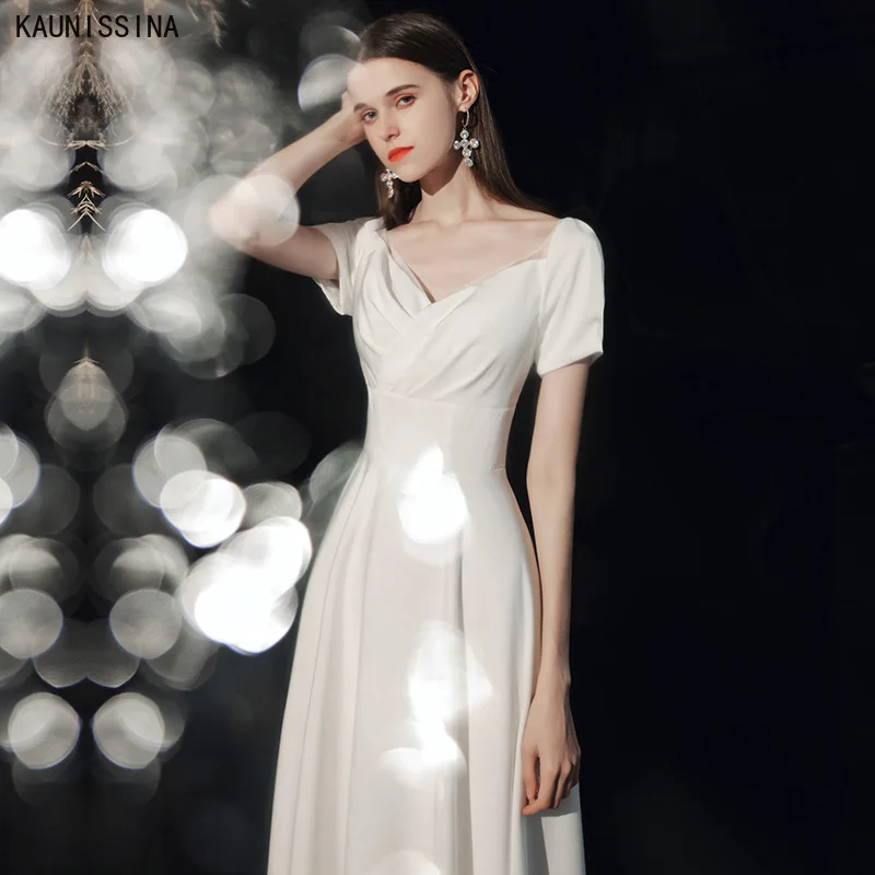 

KAUNISSINA White Evening Dress New Fashion Party Wear Dresses for Women V-Neck Short Sleeve Floor Length A-Line Formal Prom Gown