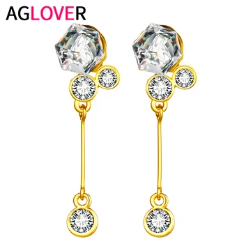 

AGLOVER AAA Rainbow Zircon 925 Sterling Silver Luxury Charm Golden Earrings For Woman Fashion Wedding Jewelry High Quality Gift