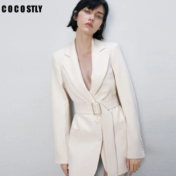 

Tie Belt Waist Blazers Women Fashion Single Breasted Jackets Office Lady Elegant Solid Pockets Suits Female Ladies