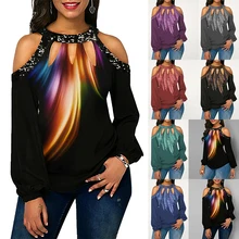 Женская футболка с длинным рукавом и открытыми плечами с 3D принтом, Повседневная Свободная уличная Винтажная футболка, женские топы на осень и зиму