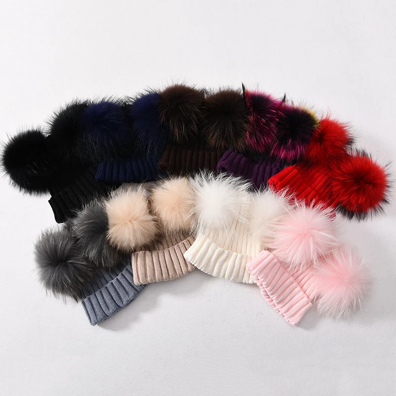 Winter Real Fur Ball Beanie Hat for Women Ladies Fluffy Double Natural Raccoon Fur Pom Pom Skullies Beanie Hat With 2 Fur Pompom 3