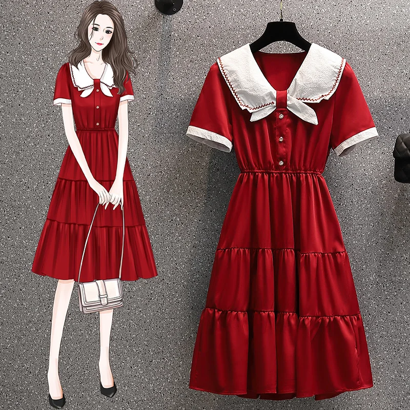 2021 Summer New Fat mm Large Size Slimming Youthful-Looking Fashion Graceful Bow Mid-Length Tiered-Ruffle Dress | Женская одежда
