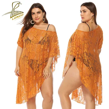 

LONZO Sexy Word Collar Lady Solid Color Transparent Lace Blouse Irregular Bathing Suit Cover Ups LCP16