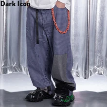 Темные иконы клетчатые Лоскутные свободные брюки мужские с цепочкой уличная мода мужские брюки хип-хоп брюки