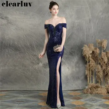 

Sequined Tassel Mermaid Evening Dress Navy Blue Women Party Dress DX250-4 2019 Plus Size Robe De Soiree Boat Neck Formal Gowns